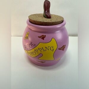 Shoe Shopping Ceramic Money Jar Lavender Purple Cork Lid Stiletto Heel Handle